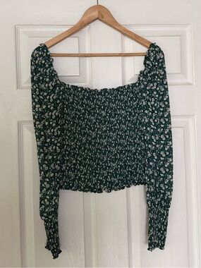 Reformation Smocked Long-Sleeve Floral Top - Green